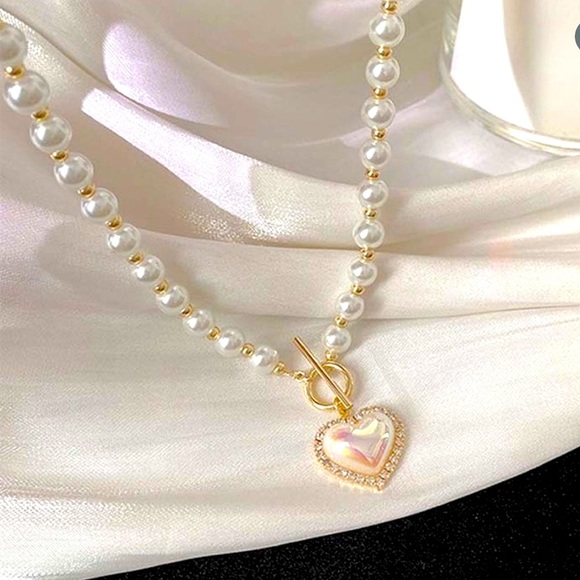 Pearl Goldtone Beads Heart Rhinestone Toggle Necklace - Picture 5 of 8